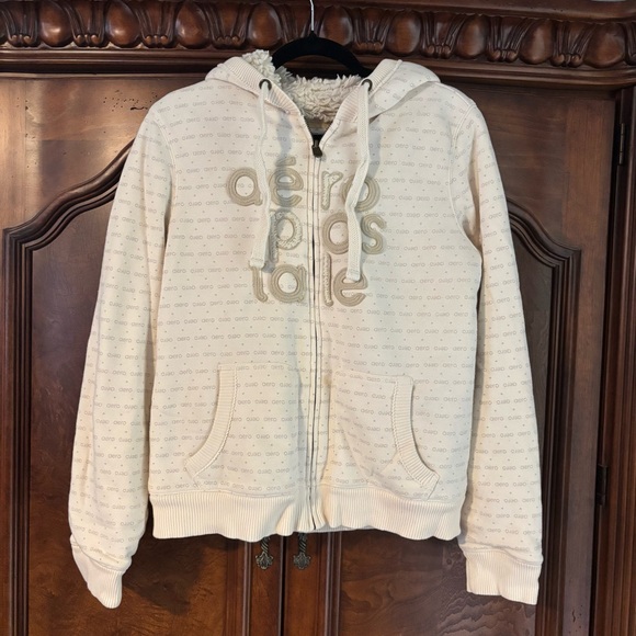 Aeropostale Cream Fur Lined Hooded Zip Up Embroidered Logo Jacket size XL - Picture 1 of 9